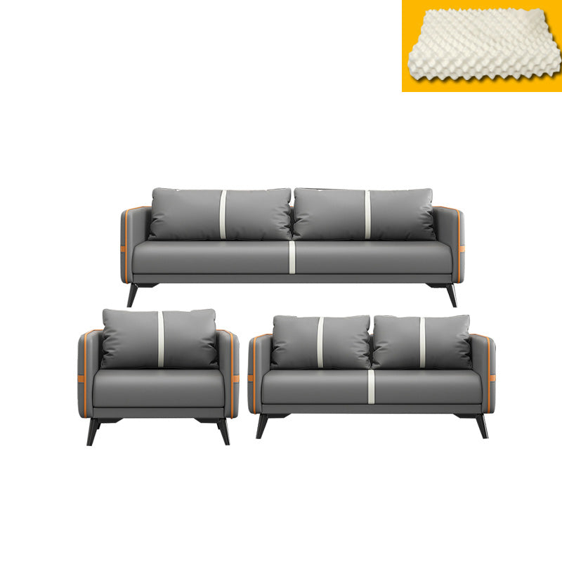 Contemporary Gray Sofa Faux Leather Square Arm Sofa with Pillows