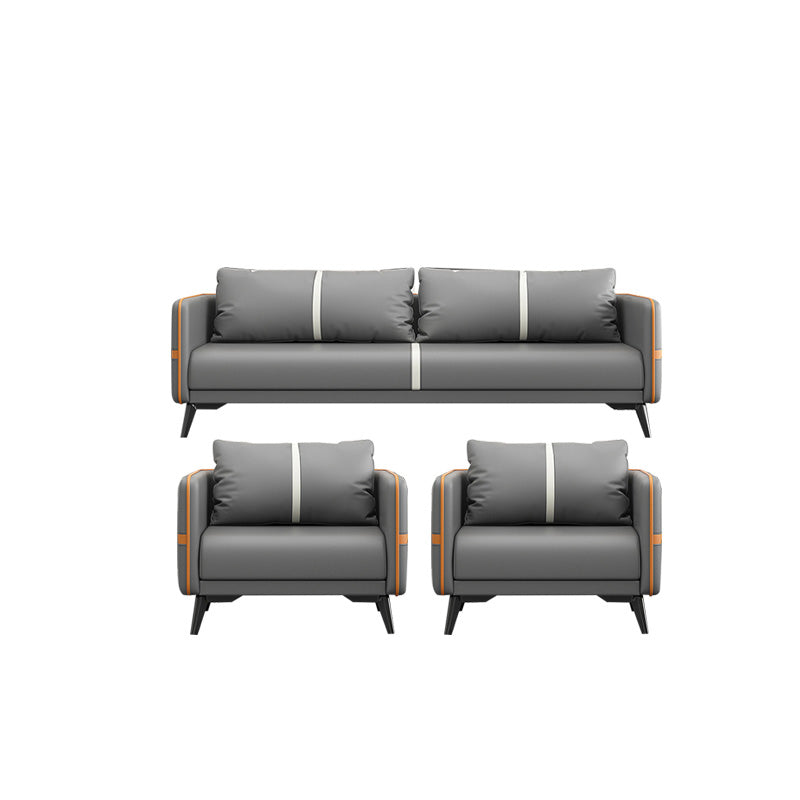 Contemporary Gray Sofa Faux Leather Square Arm Sofa with Pillows