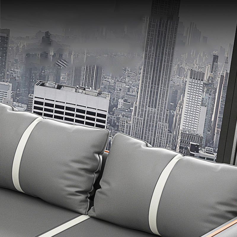Contemporary Gray Sofa Faux Leather Square Arm Sofa with Pillows
