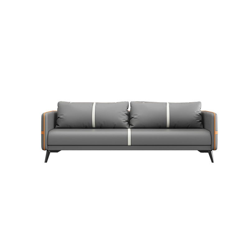 Contemporary Gray Sofa Faux Leather Square Arm Sofa with Pillows