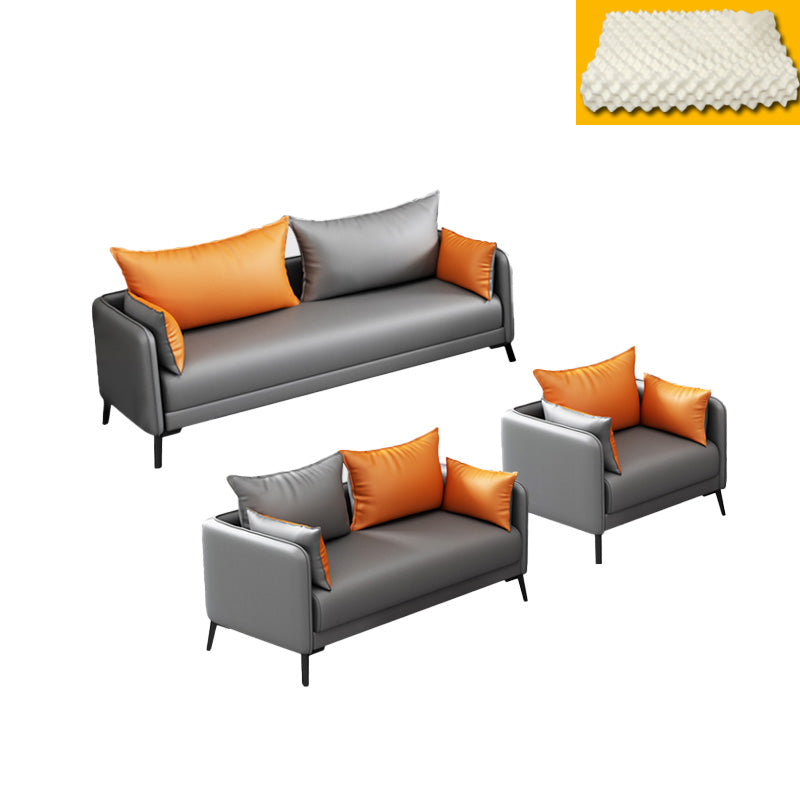 Contemporary Sofa Faux Leather Square Arm Sofa with Pillows for Apartment