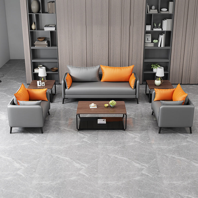 Contemporary Sofa Faux Leather Square Arm Sofa with Pillows for Apartment