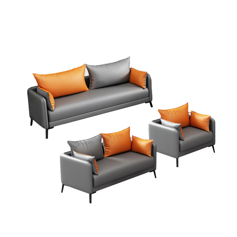 Contemporary Sofa Faux Leather Square Arm Sofa with Pillows for Apartment