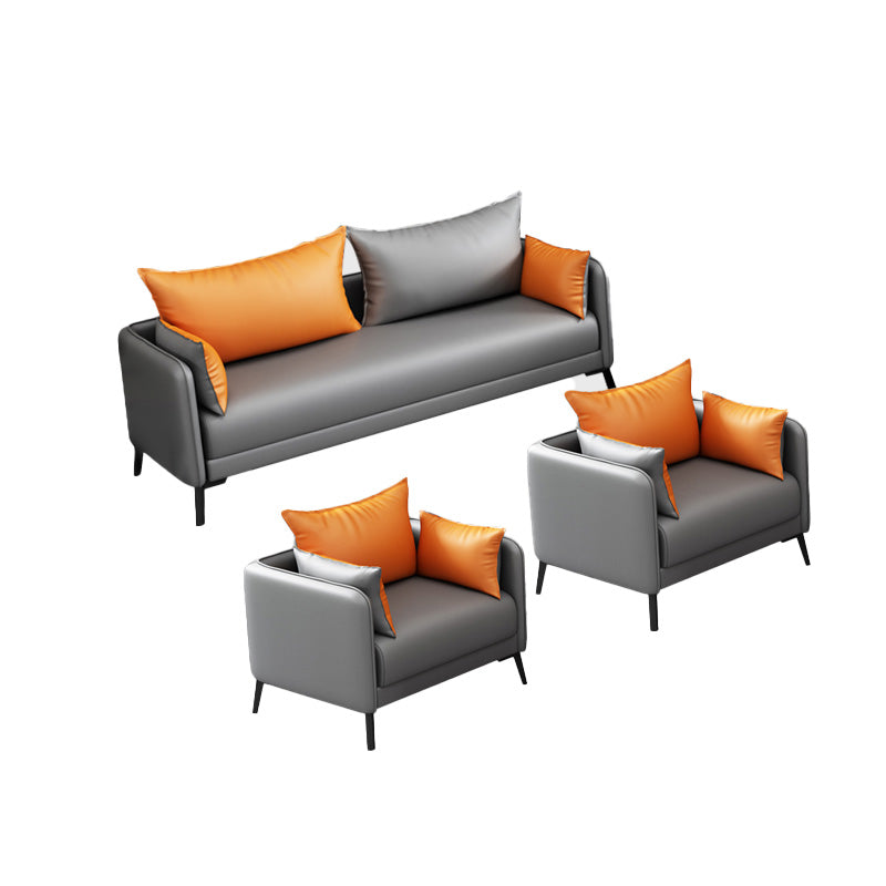 Contemporary Sofa Faux Leather Square Arm Sofa with Pillows for Apartment
