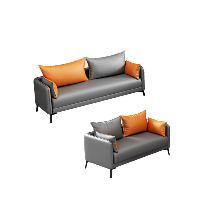 Contemporary Sofa Faux Leather Square Arm Sofa with Pillows for Apartment