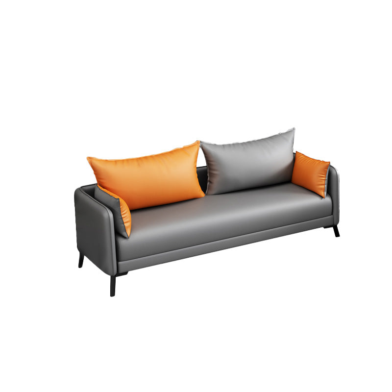 Contemporary Sofa Faux Leather Square Arm Sofa with Pillows for Apartment