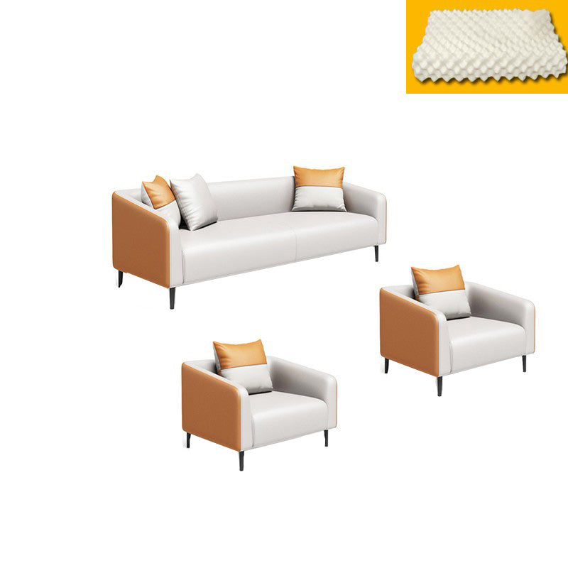Contemporary Orange Sofa Faux Leather Tuxedo Arm Sofa with Pillows for Apartment