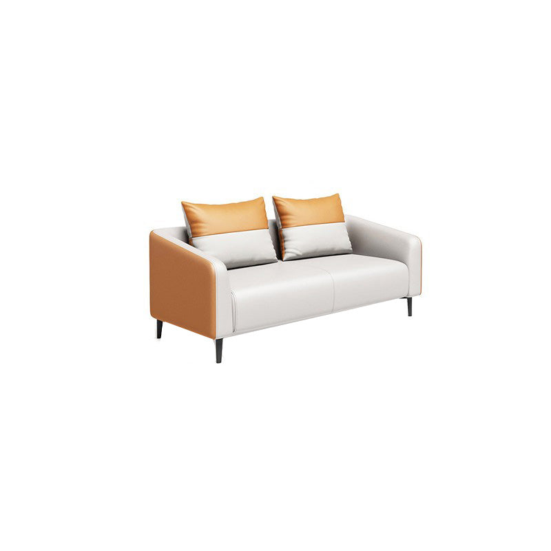 Contemporary Orange Sofa Faux Leather Tuxedo Arm Sofa with Pillows for Apartment