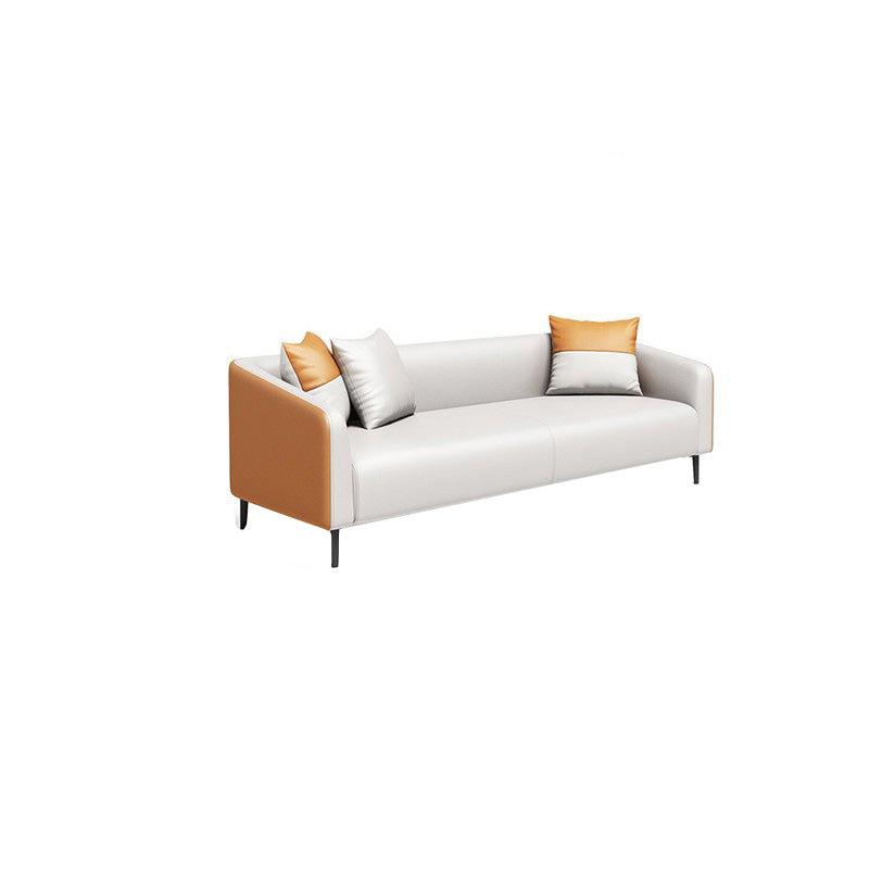 Contemporary Orange Sofa Faux Leather Tuxedo Arm Sofa with Pillows for Apartment