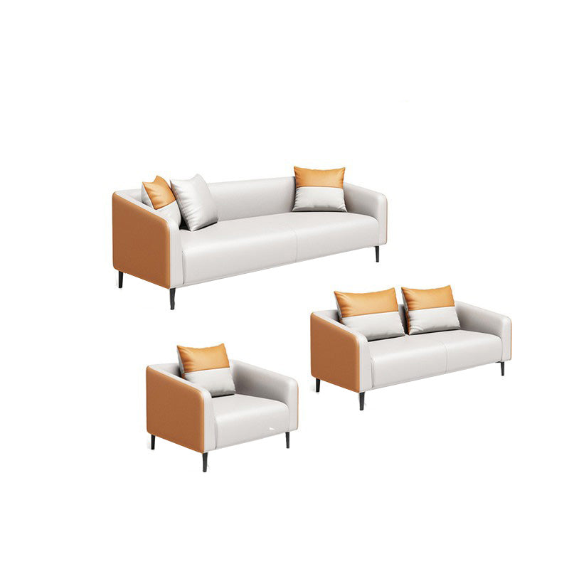 Contemporary Orange Sofa Faux Leather Tuxedo Arm Sofa with Pillows for Apartment