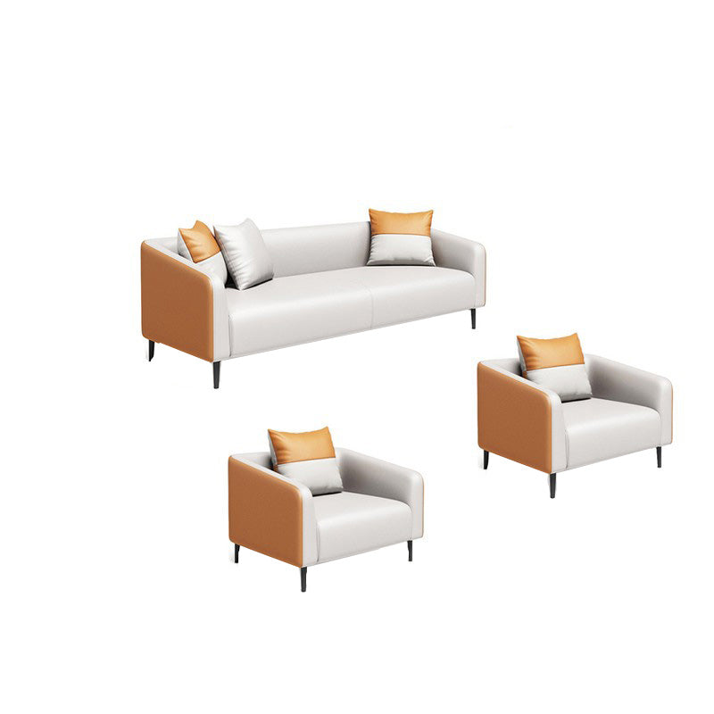 Contemporary Orange Sofa Faux Leather Tuxedo Arm Sofa with Pillows for Apartment
