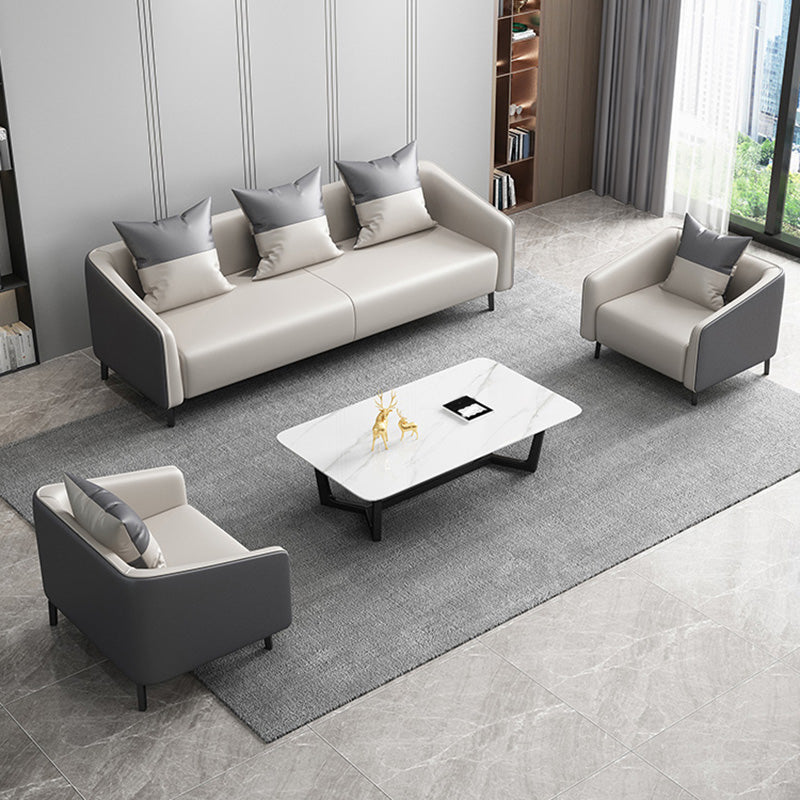 Gray Contemporary Sofa Faux Leather Tuxedo Arm Sofa with Pillows