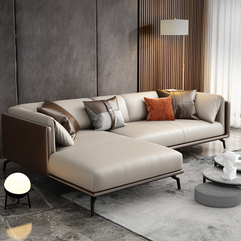 Genuine Leather Tuxedo Arm Sofa Contemporary Brown Sofa with Cushions