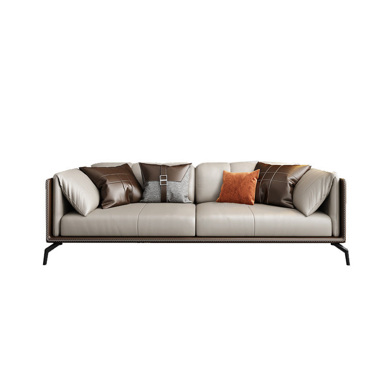 Genuine Leather Tuxedo Arm Sofa Contemporary Brown Sofa with Cushions