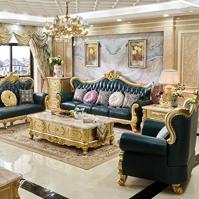 Tufted Split-Back Sofa Green Genuine Leather Rolled Arm Sofa with Nailhead