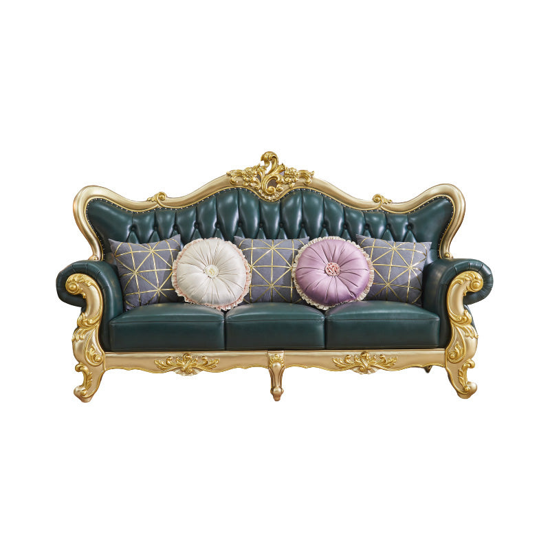 Tufted Split-Back Sofa Green Genuine Leather Rolled Arm Sofa with Nailhead