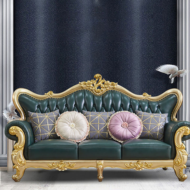 Tufted Split-Back Sofa Green Genuine Leather Rolled Arm Sofa with Nailhead