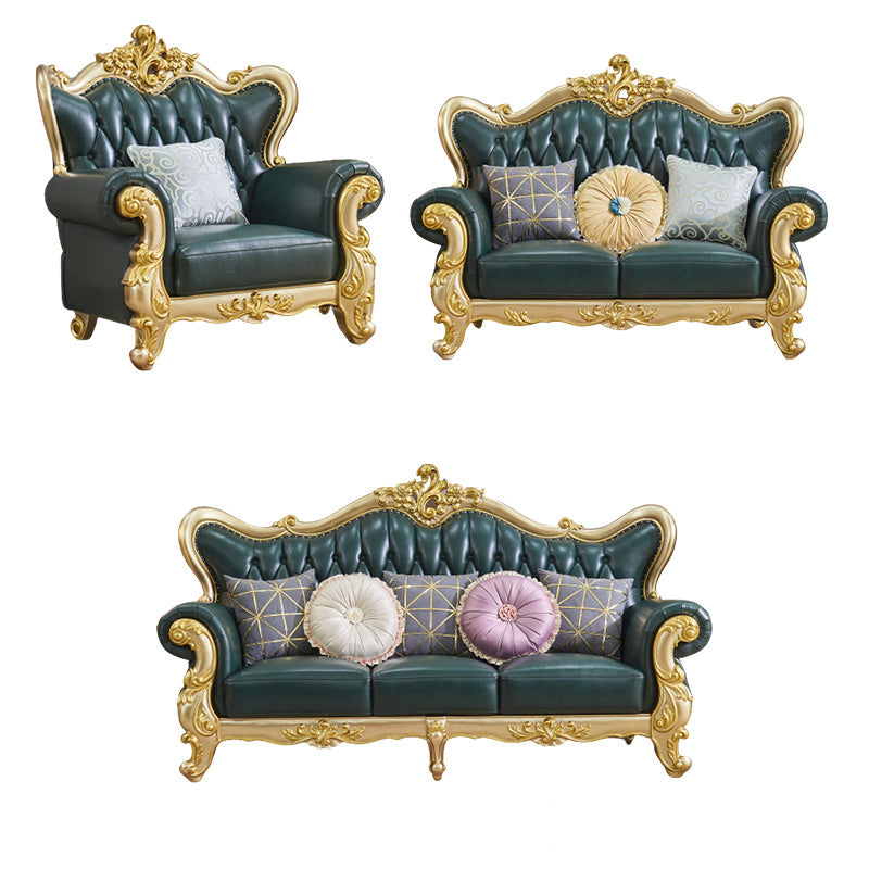 Tufted Split-Back Sofa Green Genuine Leather Rolled Arm Sofa with Nailhead