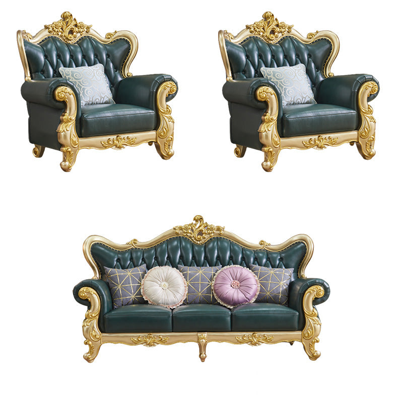 Tufted Split-Back Sofa Green Genuine Leather Rolled Arm Sofa with Nailhead