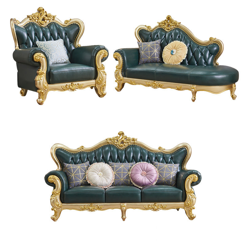 Tufted Split-Back Sofa Green Genuine Leather Rolled Arm Sofa with Nailhead