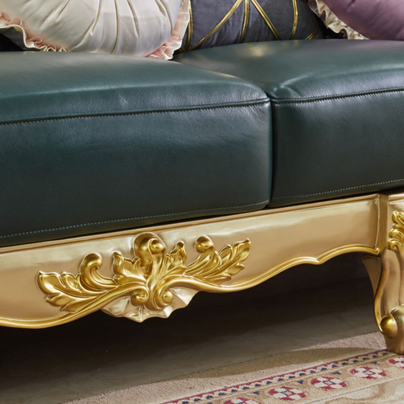 Tufted Split-Back Sofa Green Genuine Leather Rolled Arm Sofa with Nailhead