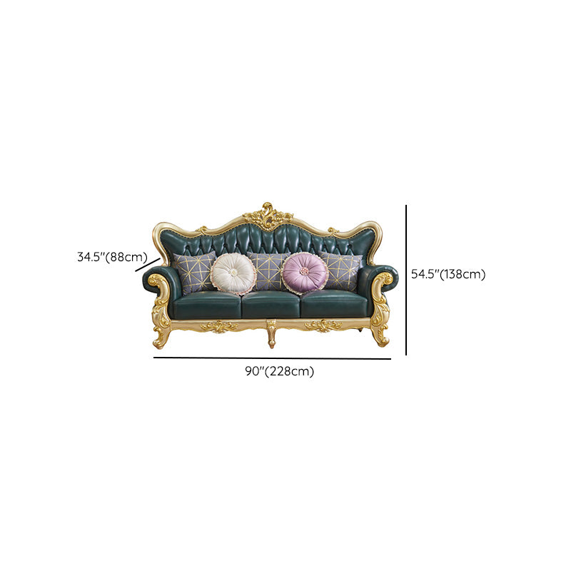 Tufted Split-Back Sofa Green Genuine Leather Rolled Arm Sofa with Nailhead