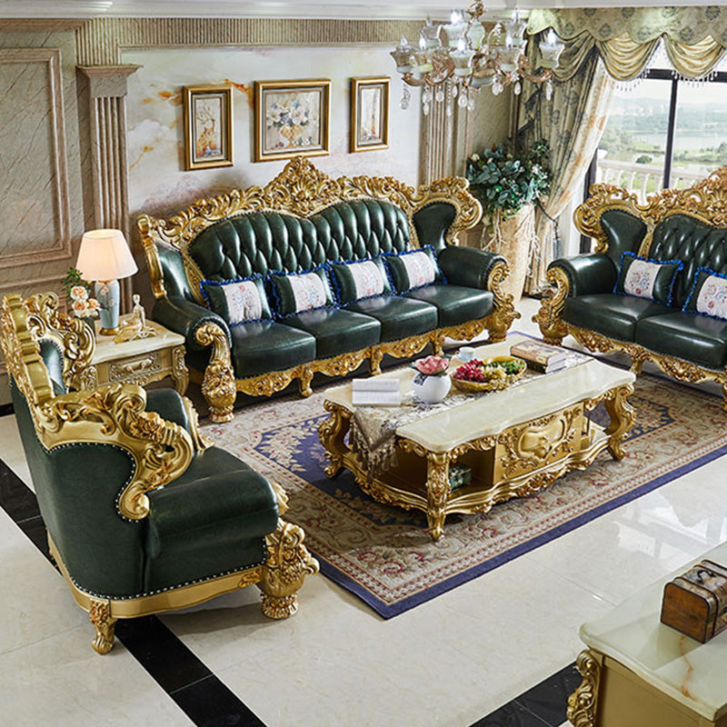 Green Genuine Leather Sofa Tufted Split-Back Rolled Arm Sofa