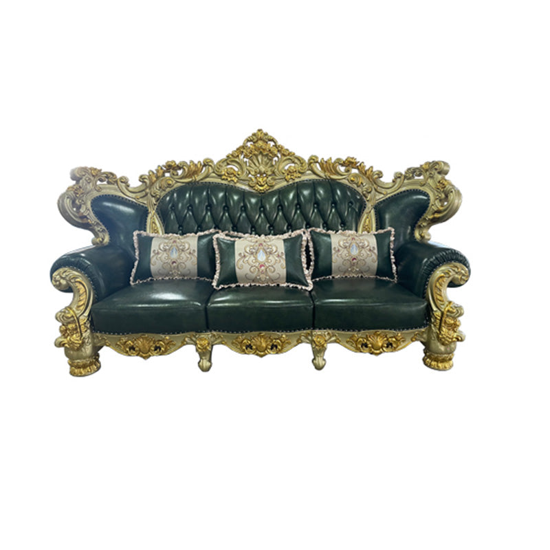 Green Genuine Leather Sofa Tufted Split-Back Rolled Arm Sofa