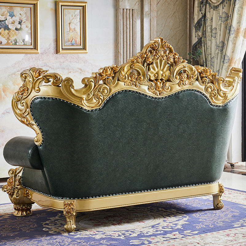 Green Genuine Leather Sofa Tufted Split-Back Rolled Arm Sofa