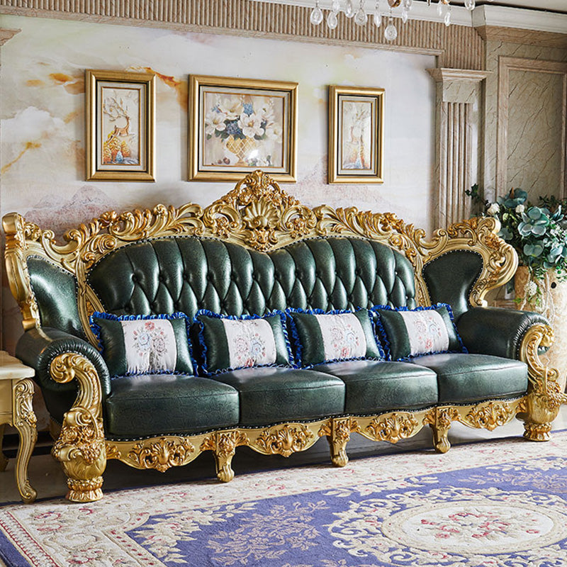 Green Genuine Leather Sofa Tufted Split-Back Rolled Arm Sofa