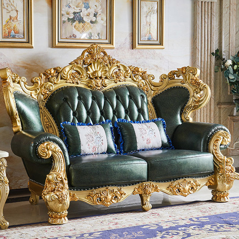 Green Genuine Leather Sofa Tufted Split-Back Rolled Arm Sofa