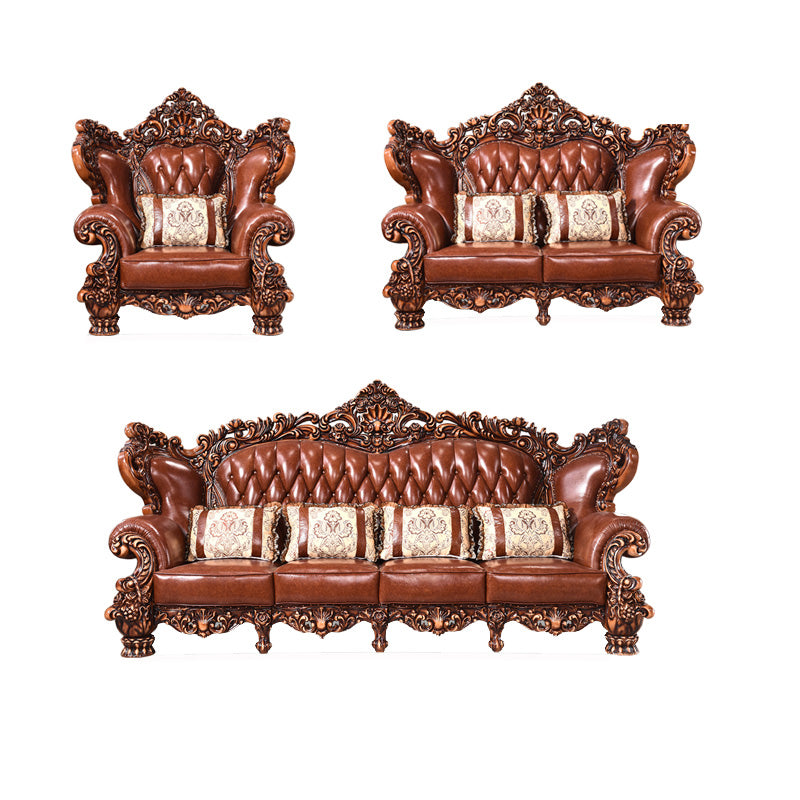 Genuine Leather Sofa Brown Tufted Split-Back Rolled Arm Sofa