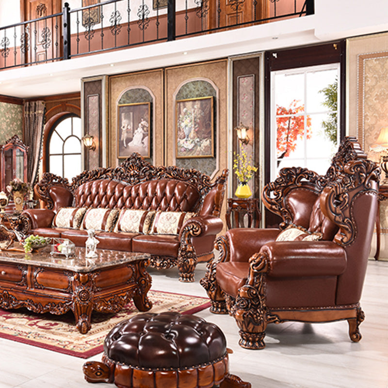 Genuine Leather Sofa Brown Tufted Split-Back Rolled Arm Sofa