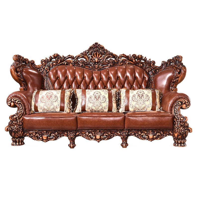 Genuine Leather Sofa Brown Tufted Split-Back Rolled Arm Sofa