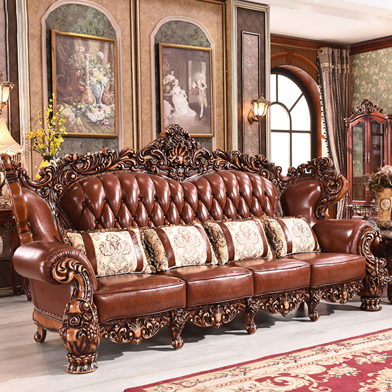 Genuine Leather Sofa Brown Tufted Split-Back Rolled Arm Sofa