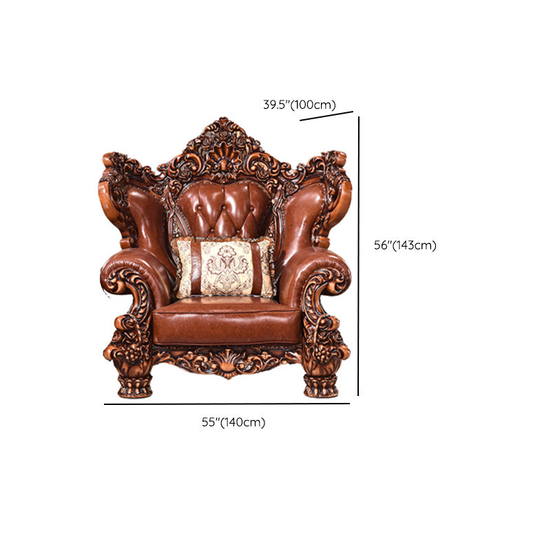Genuine Leather Sofa Brown Tufted Split-Back Rolled Arm Sofa