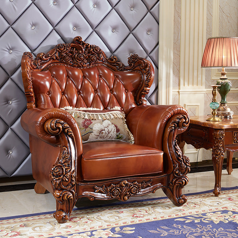 Genuine Leather Sofa Brown Tufted Split-Back Rolled Arm Sofa for Living Room
