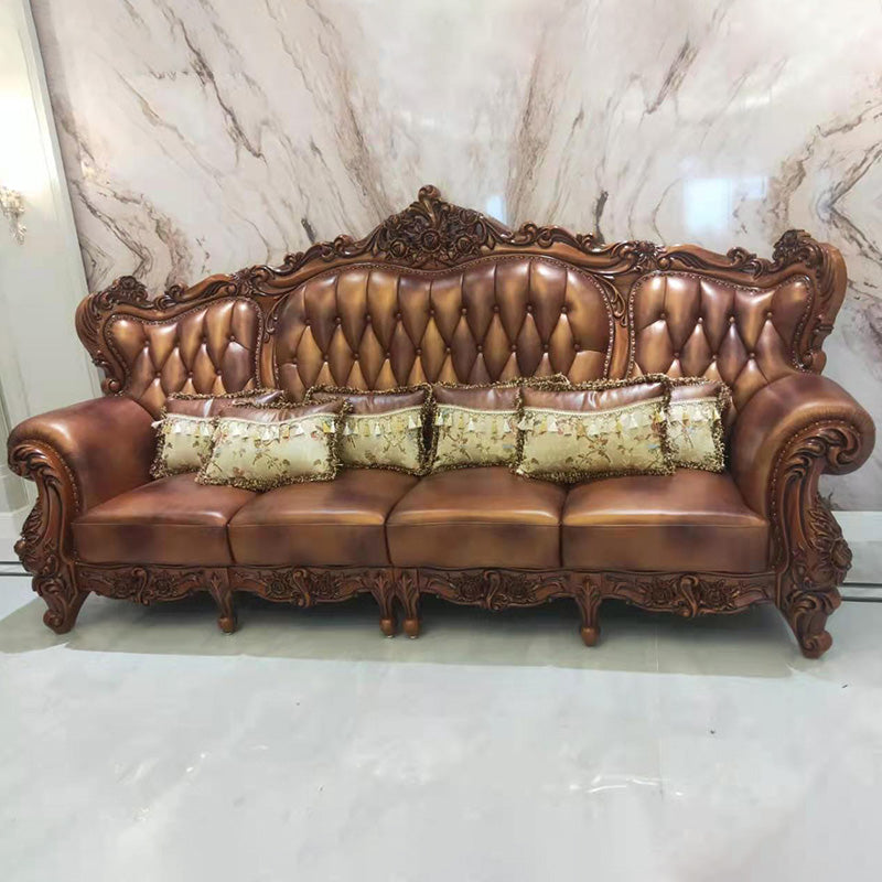 Genuine Leather Sofa Brown Tufted Split-Back Rolled Arm Sofa for Living Room