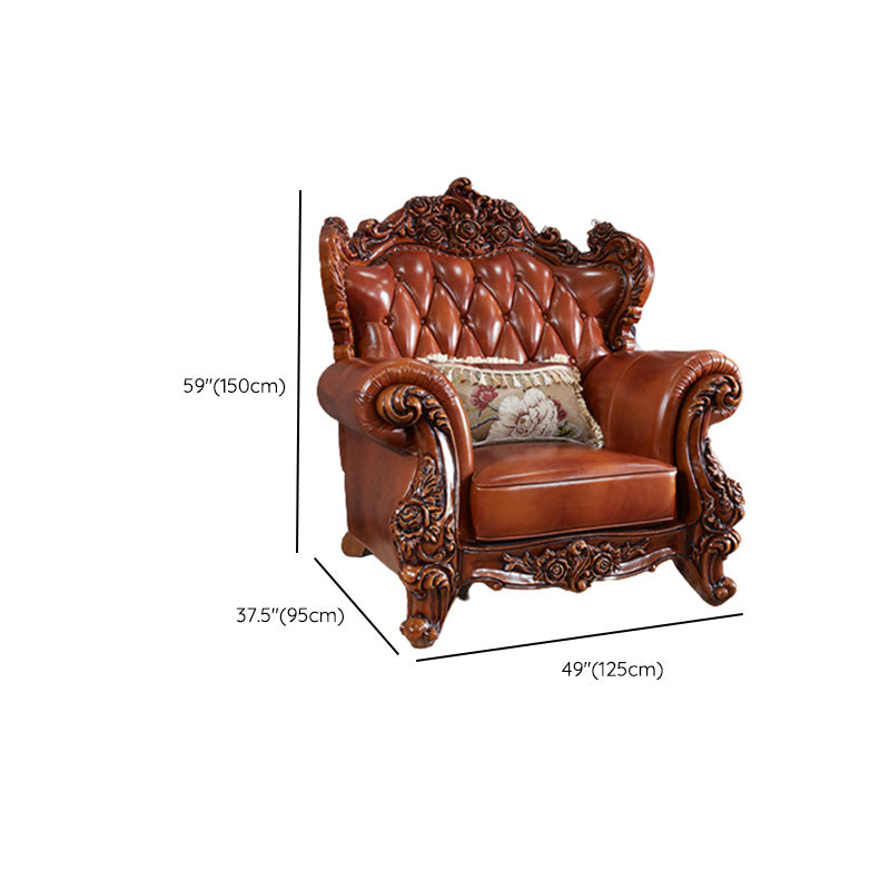 Genuine Leather Sofa Brown Tufted Split-Back Rolled Arm Sofa for Living Room