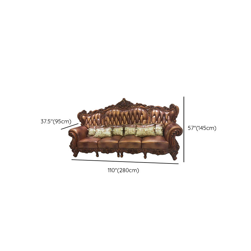Genuine Leather Sofa Brown Tufted Split-Back Rolled Arm Sofa for Living Room