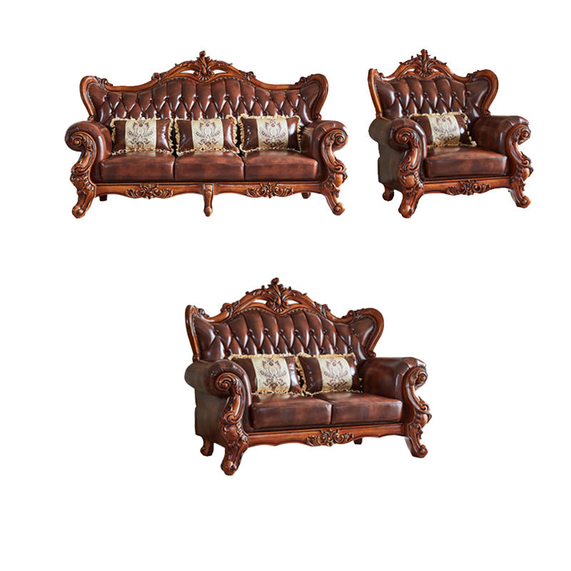 Tufted Split-Back Sofa Genuine Leather Rolled Arm Sofa in Brown