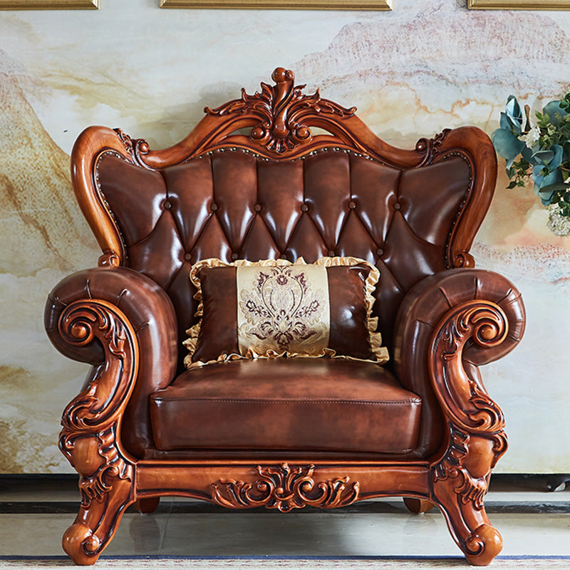 Tufted Split-Back Sofa Genuine Leather Rolled Arm Sofa in Brown