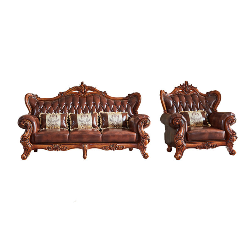 Tufted Split-Back Sofa Genuine Leather Rolled Arm Sofa in Brown