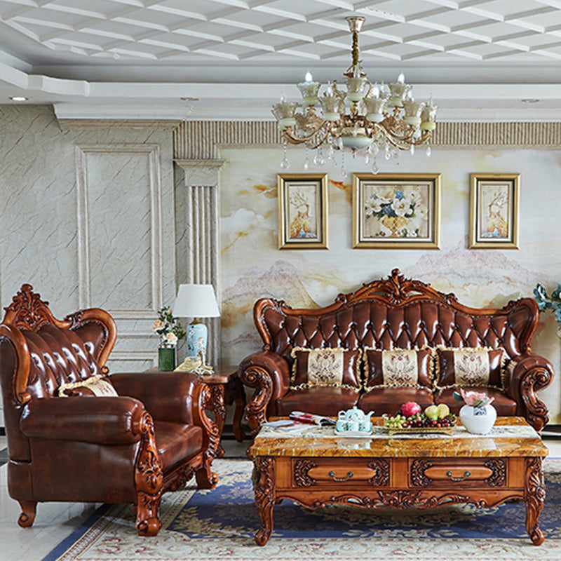 Tufted Split-Back Sofa Genuine Leather Rolled Arm Sofa in Brown