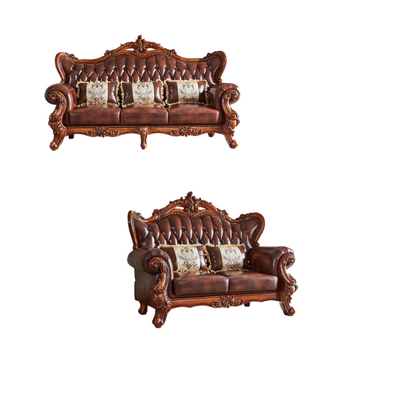 Tufted Split-Back Sofa Genuine Leather Rolled Arm Sofa in Brown