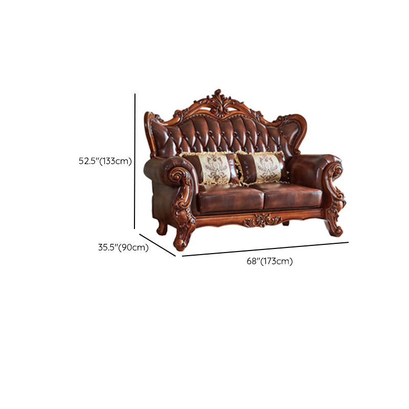 Tufted Split-Back Sofa Genuine Leather Rolled Arm Sofa in Brown