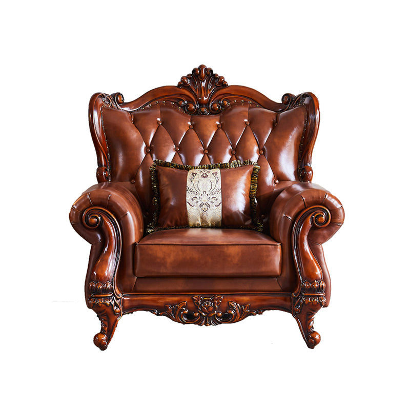 Traditional Tufted Split-Back Seating Flared Arm Sofa with Pillows in Brown