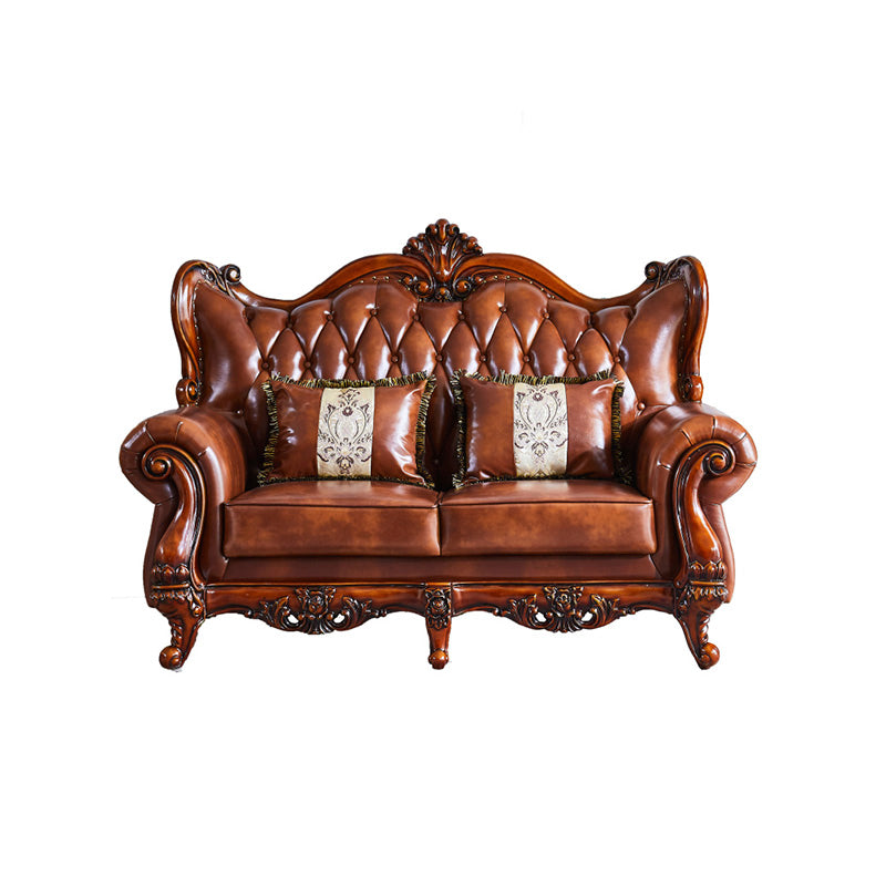 Traditional Tufted Split-Back Seating Flared Arm Sofa with Pillows in Brown