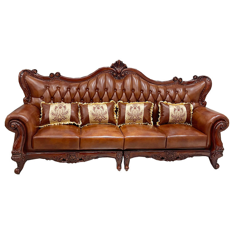 Traditional Tufted Split-Back Seating Flared Arm Sofa with Pillows in Brown