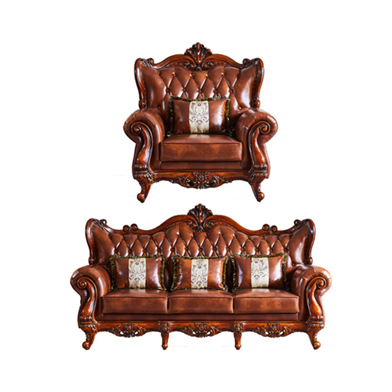 Traditional Tufted Split-Back Seating Flared Arm Sofa with Pillows in Brown